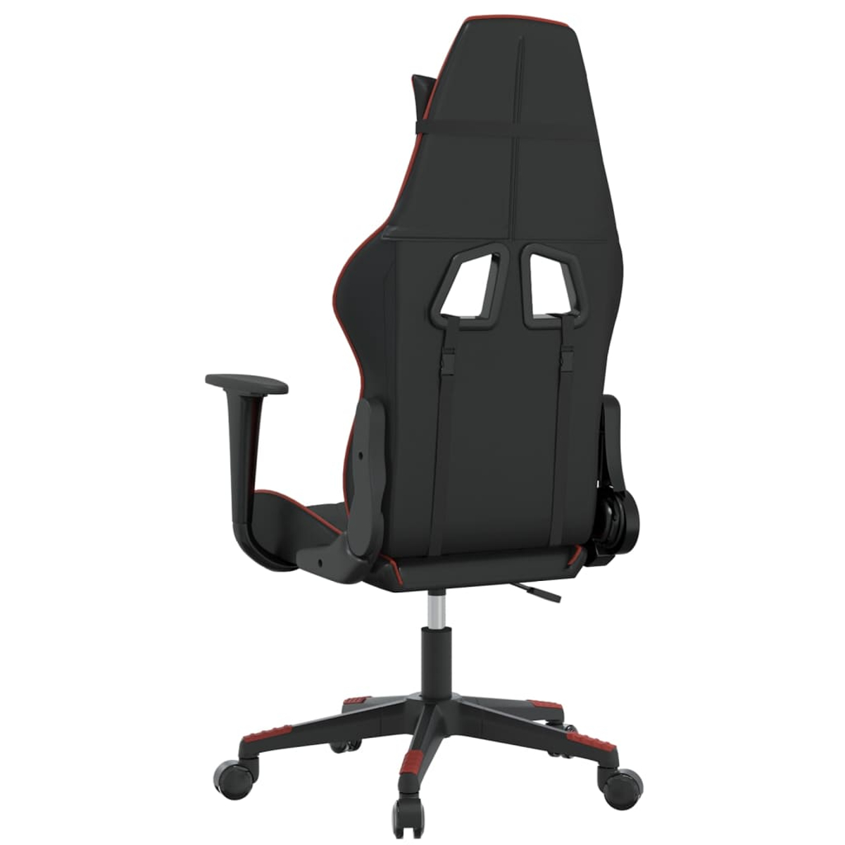 Schwarzer Gamingstuhl mit roten Akzenten, von hinten gesehen, auf Rollen.