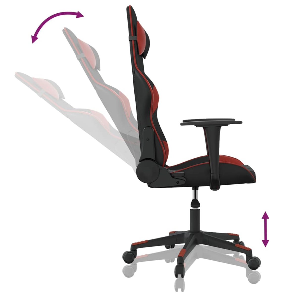Ein roter und schwarzer Gaming-Stuhl mit verstellbarer Rückenlehne und Höhe.