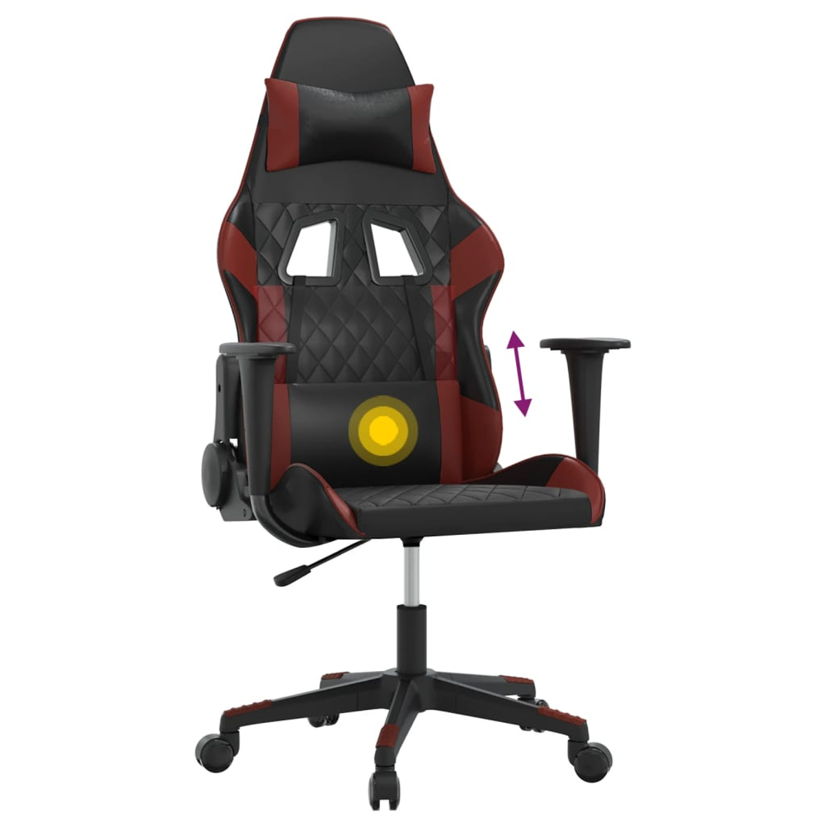 Schwarzer und roter Gaming-Stuhl mit Lendenkissen und verstellbaren Armlehnen.