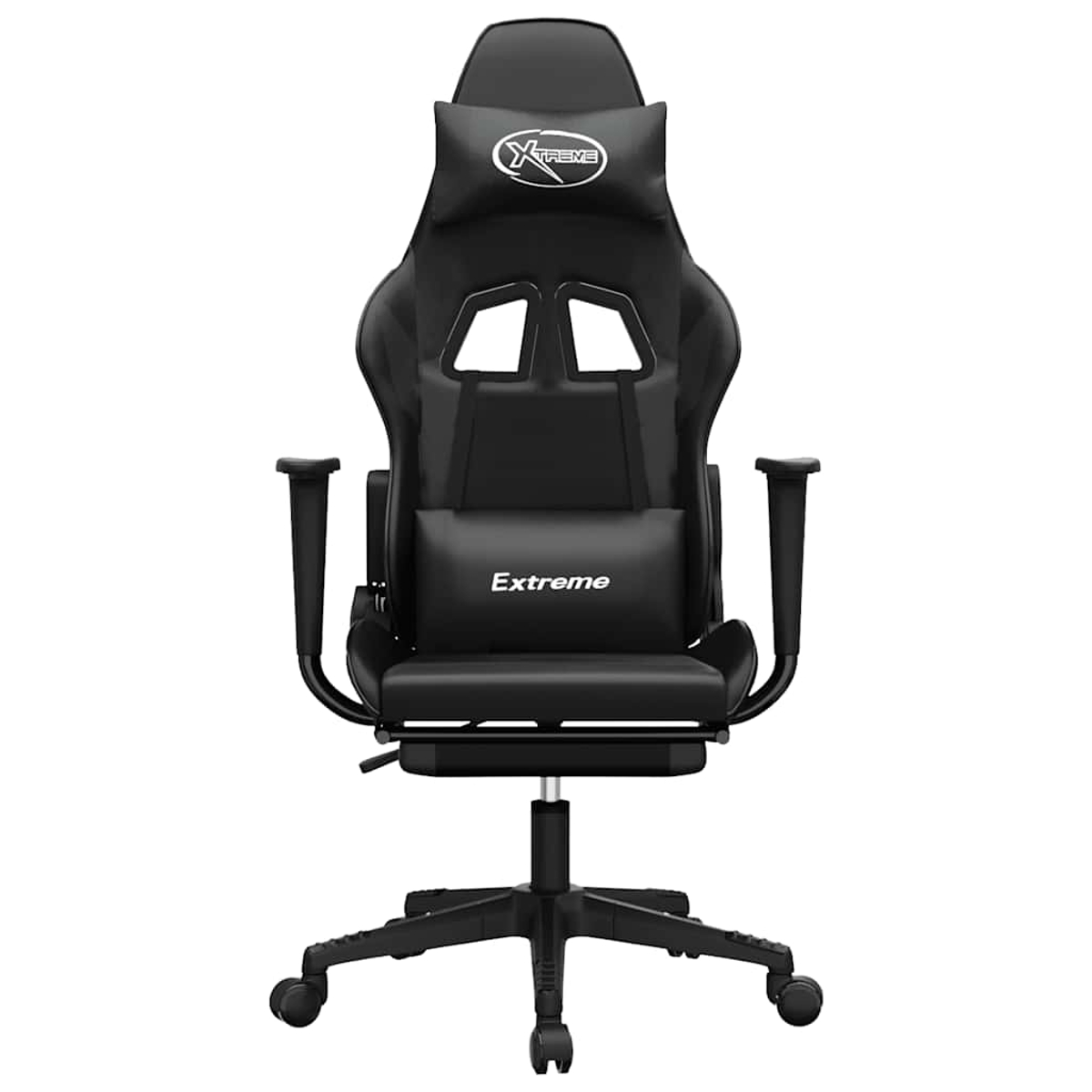 Schwarzer Gaming-Stuhl mit Kopfstütze und Lendenkissen, auf Rollen.