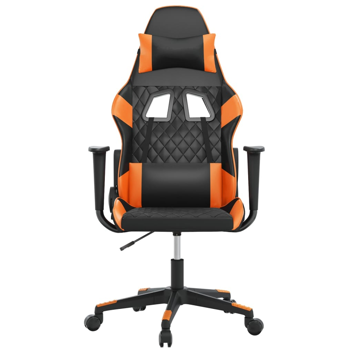 Ein schwarzer und oranger Gaming-Stuhl mit Kopfstütze und Lendenkissen.
