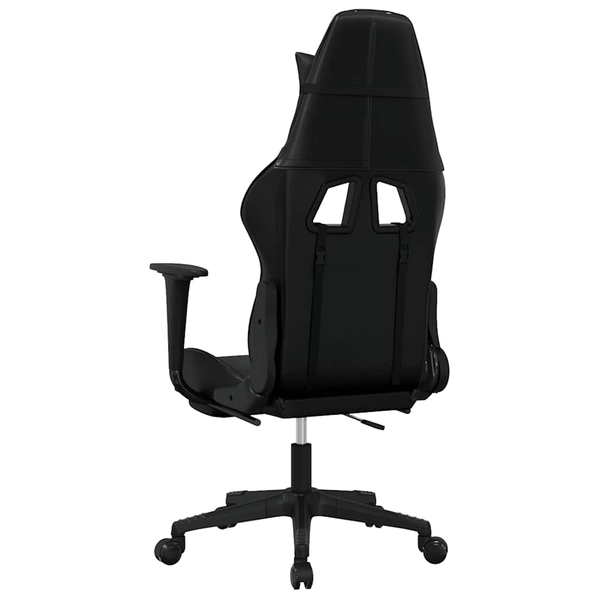 Schwarzer Gaming-Stuhl von hinten, mit hoher Rückenlehne und Armlehnen.
