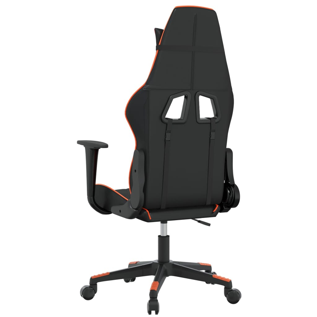Rückansicht eines schwarzen Gaming-Stuhls mit orangefarbenen Akzenten, auf Rollen.