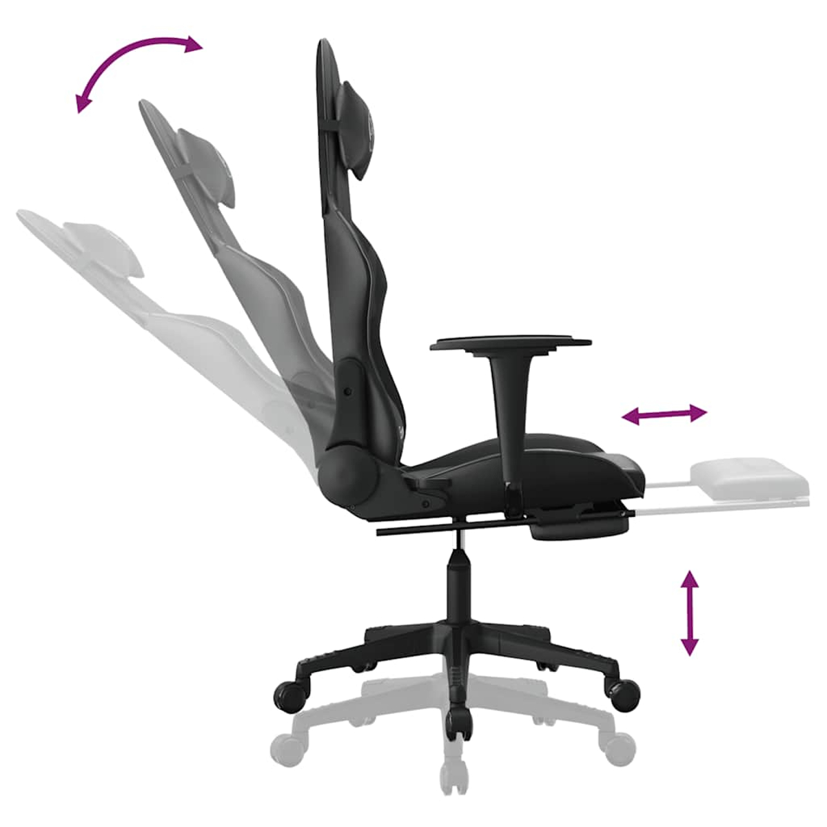 Schwarzer Bürostuhl mit verstellbarer Rückenlehne, Fußstütze und Armlehnen.