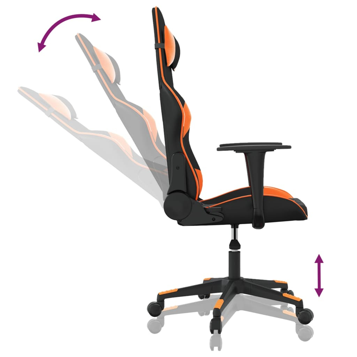 Schwarzer Gaming-Stuhl mit orangefarbenen Akzenten, verstellbare Rückenlehne und Höhe.