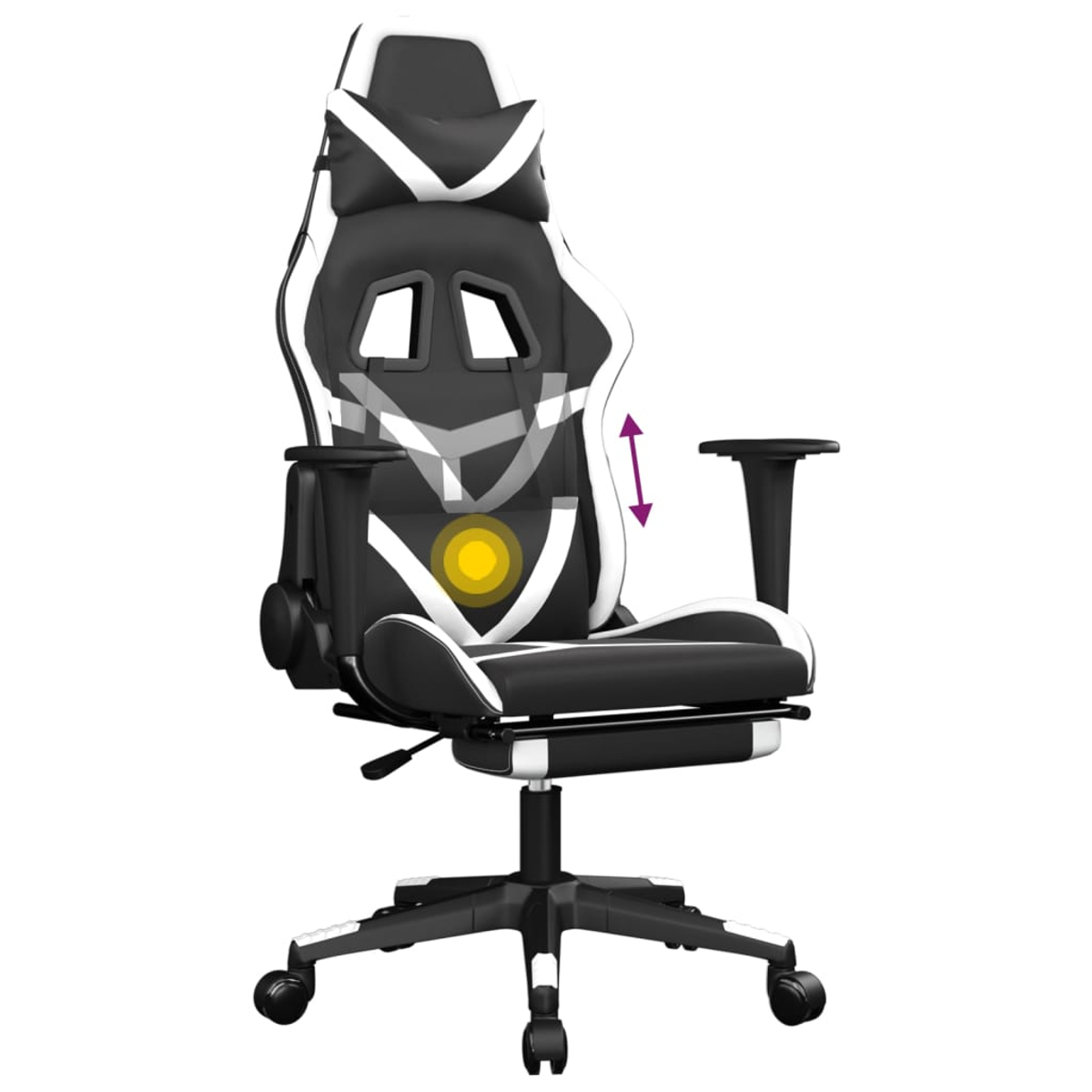 Ein schwarz-weißer Gaming-Stuhl mit verstellbarer Rückenlehne und Fußstütze.