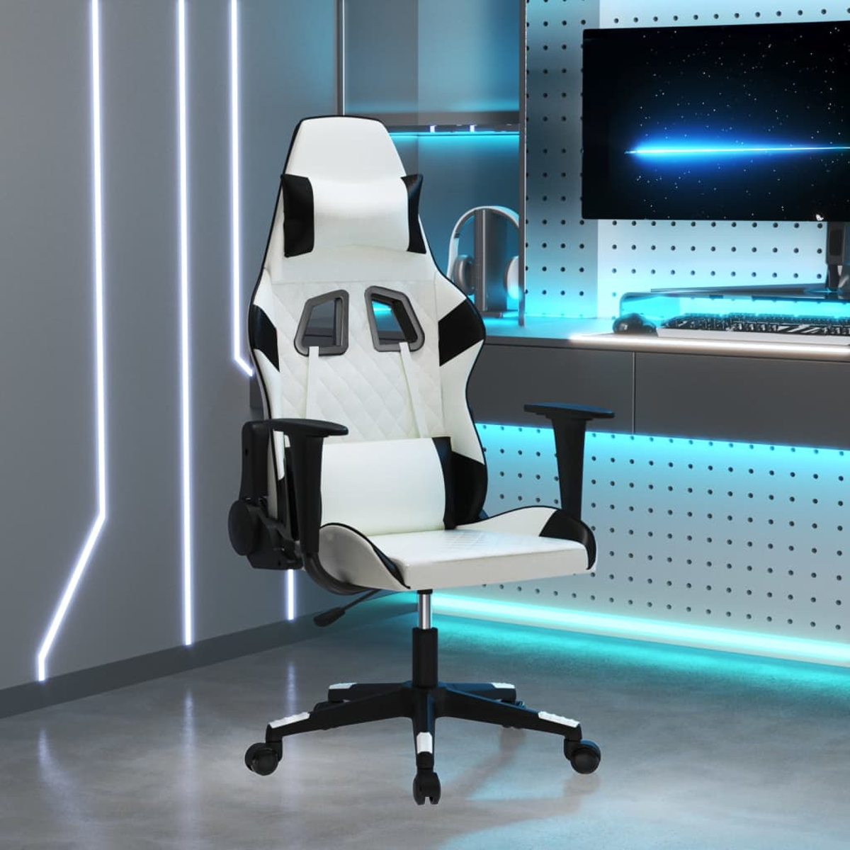 Ein weißer und schwarzer Gaming-Stuhl steht in einem Raum mit blauen Neonlichtern.