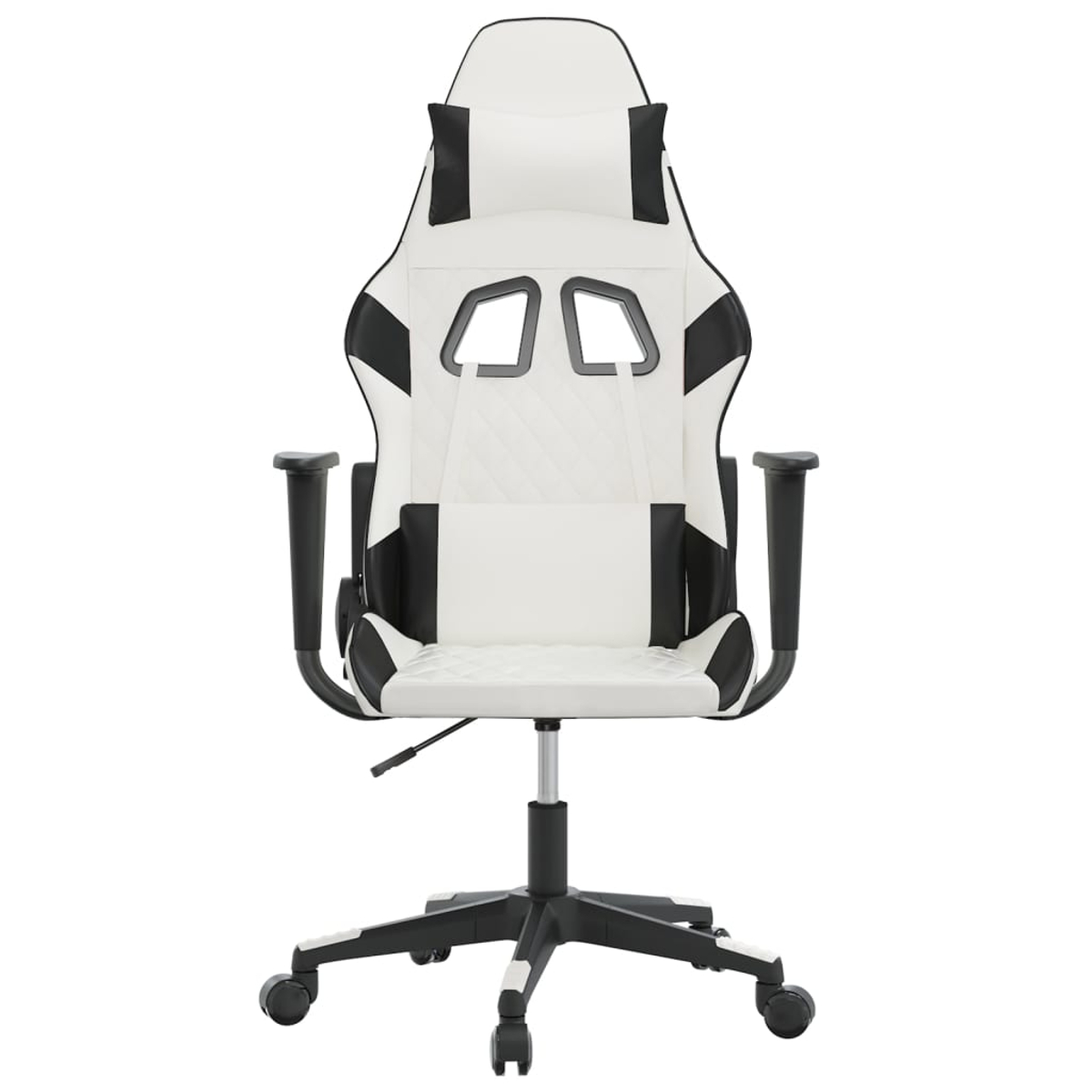 Ein weiß-schwarzer Gaming-Stuhl im Rennstil mit Kopfstütze und Lendenkissen.