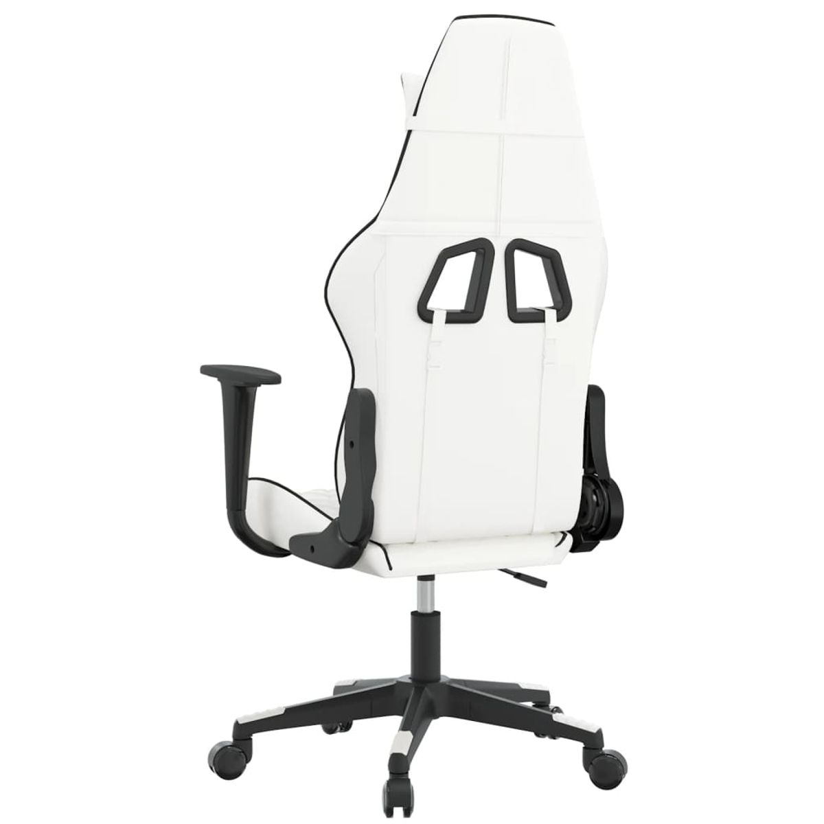 Ein weißer Gaming-Stuhl mit schwarzen Akzenten auf einem Radgestell.