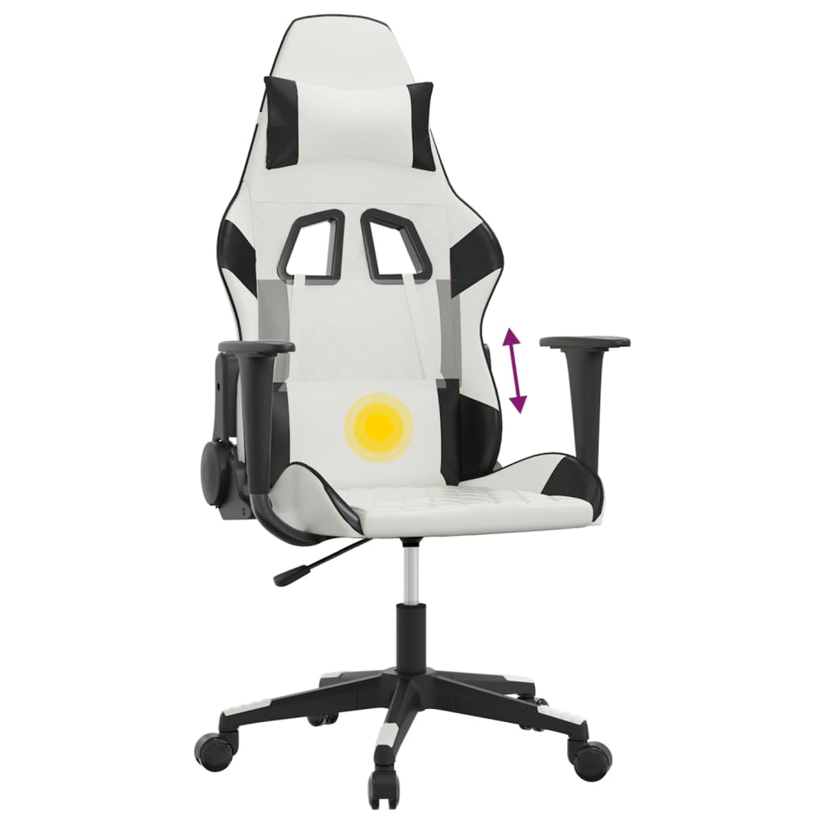 Ein weißer und schwarzer Gaming-Stuhl mit Höhenverstellungssymbol und gelbem Kreis.