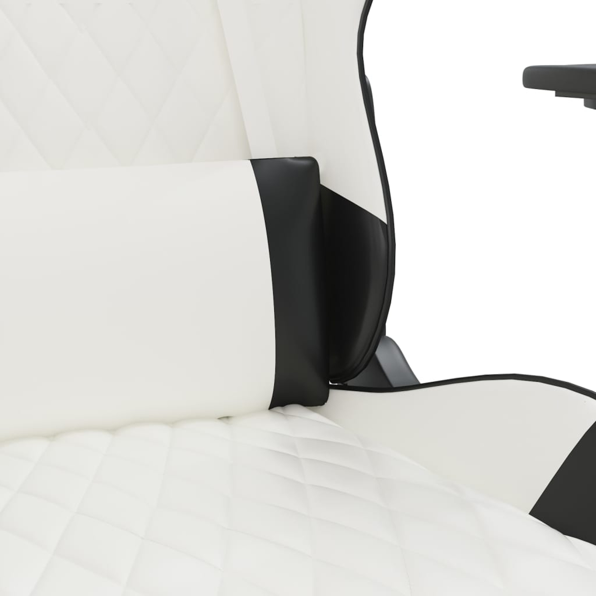 Weißer Gaming-Stuhl mit schwarzer Polsterung und Rautensteppung.