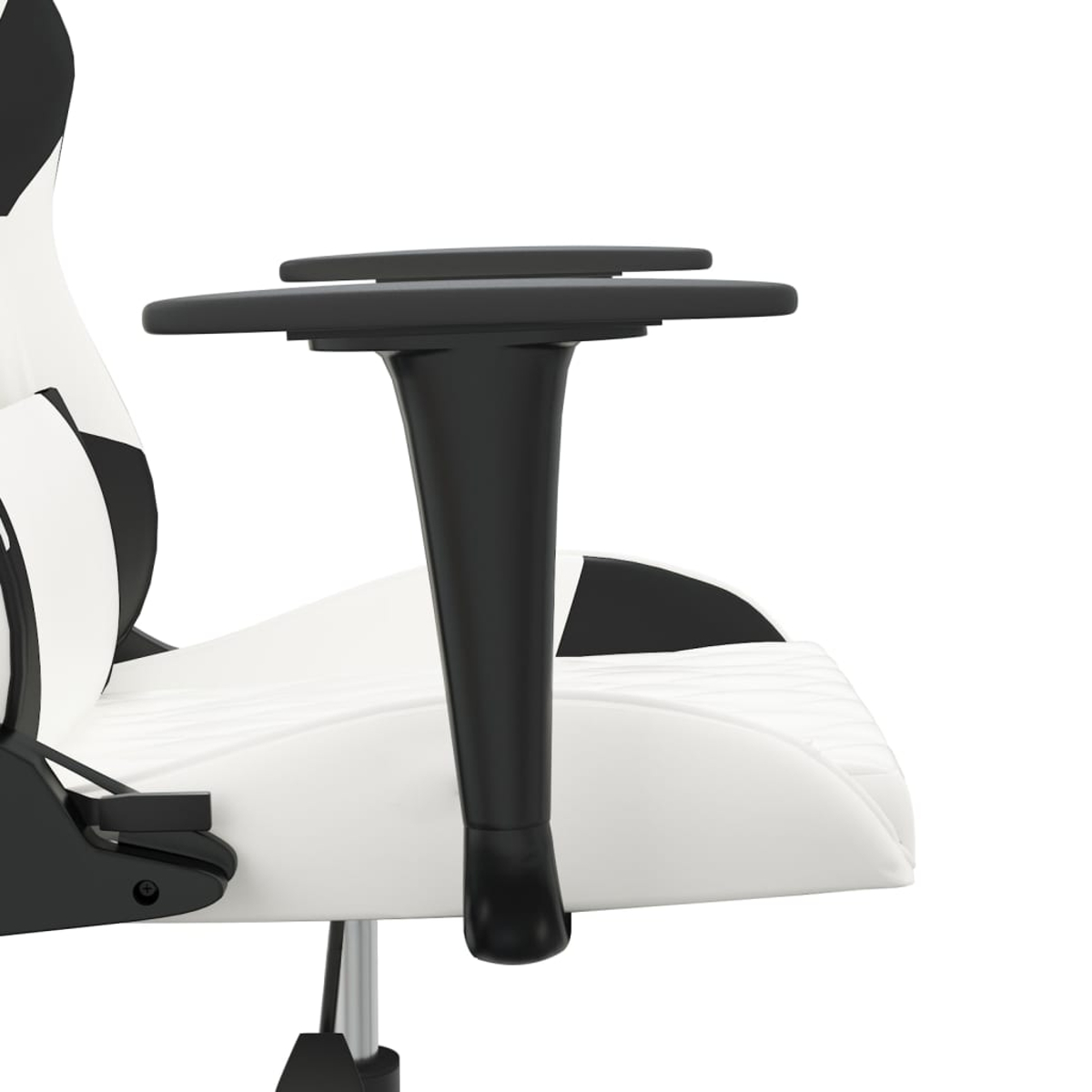 Weißer Gaming-Stuhl mit schwarzen Akzenten, Armlehne und Sitz im Fokus.