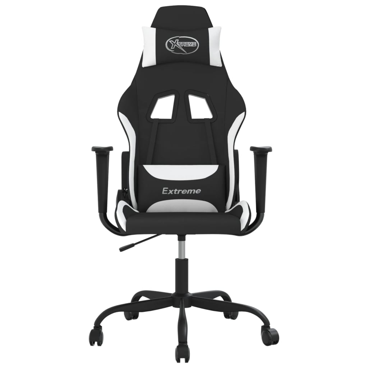 Ein schwarzer und weißer Gaming-Stuhl mit Rollen und einem Logo.