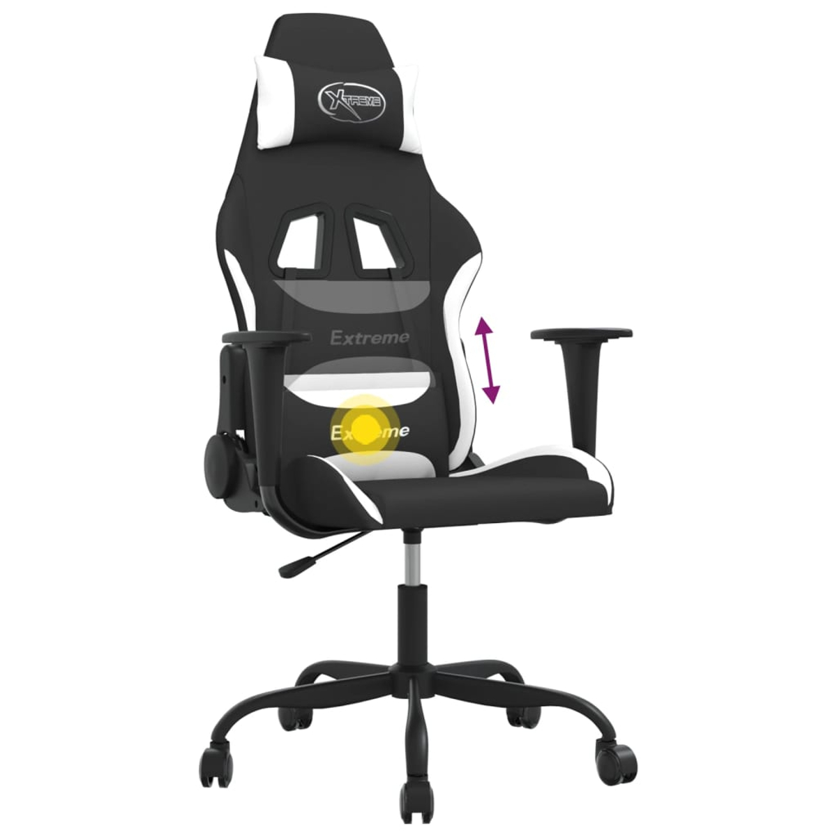 Ein schwarz-weißer Gaming-Stuhl mit verstellbaren Armlehnen und Kopfstütze.