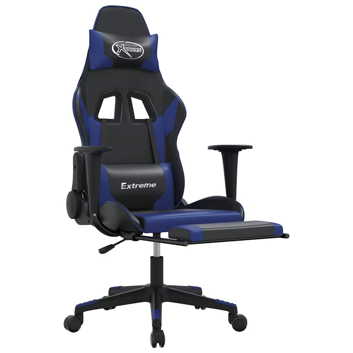 Ein blauer und schwarzer Gaming-Stuhl mit ausziehbarem Fußbrett und Rädern.