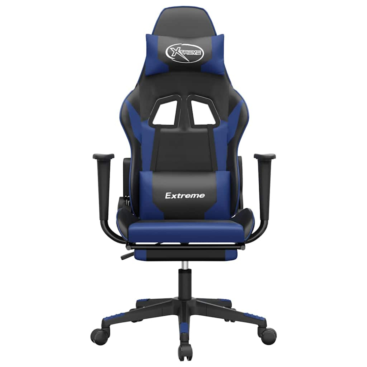 Ein blauer und schwarzer Gaming-Stuhl mit Rädern und Armlehnen.
