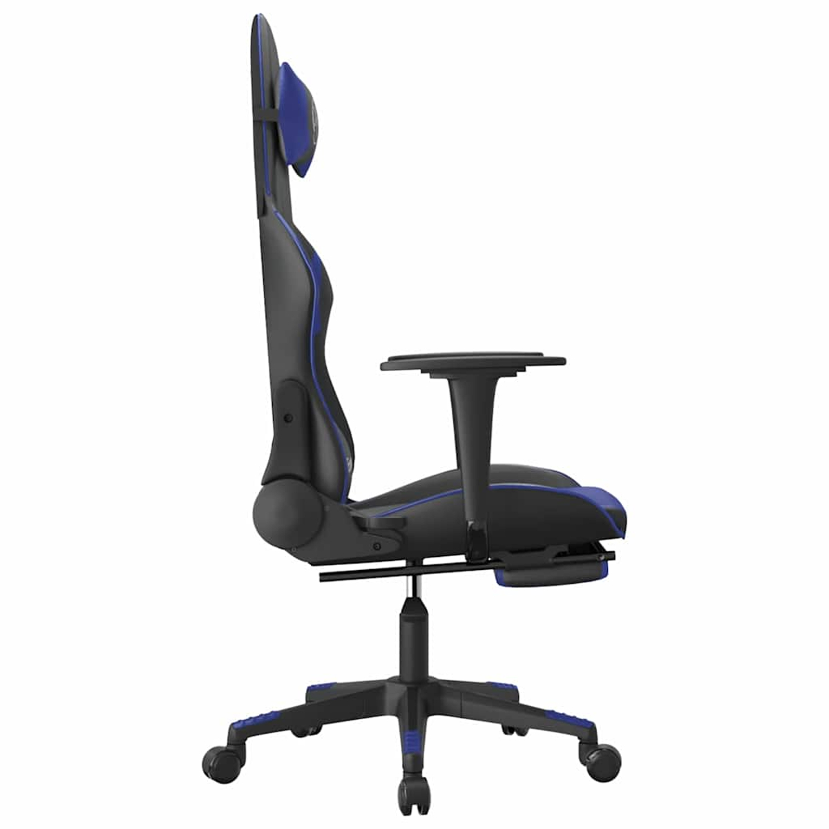 Schwarzer Gamingstuhl mit blauen Akzenten, Seitenansicht.