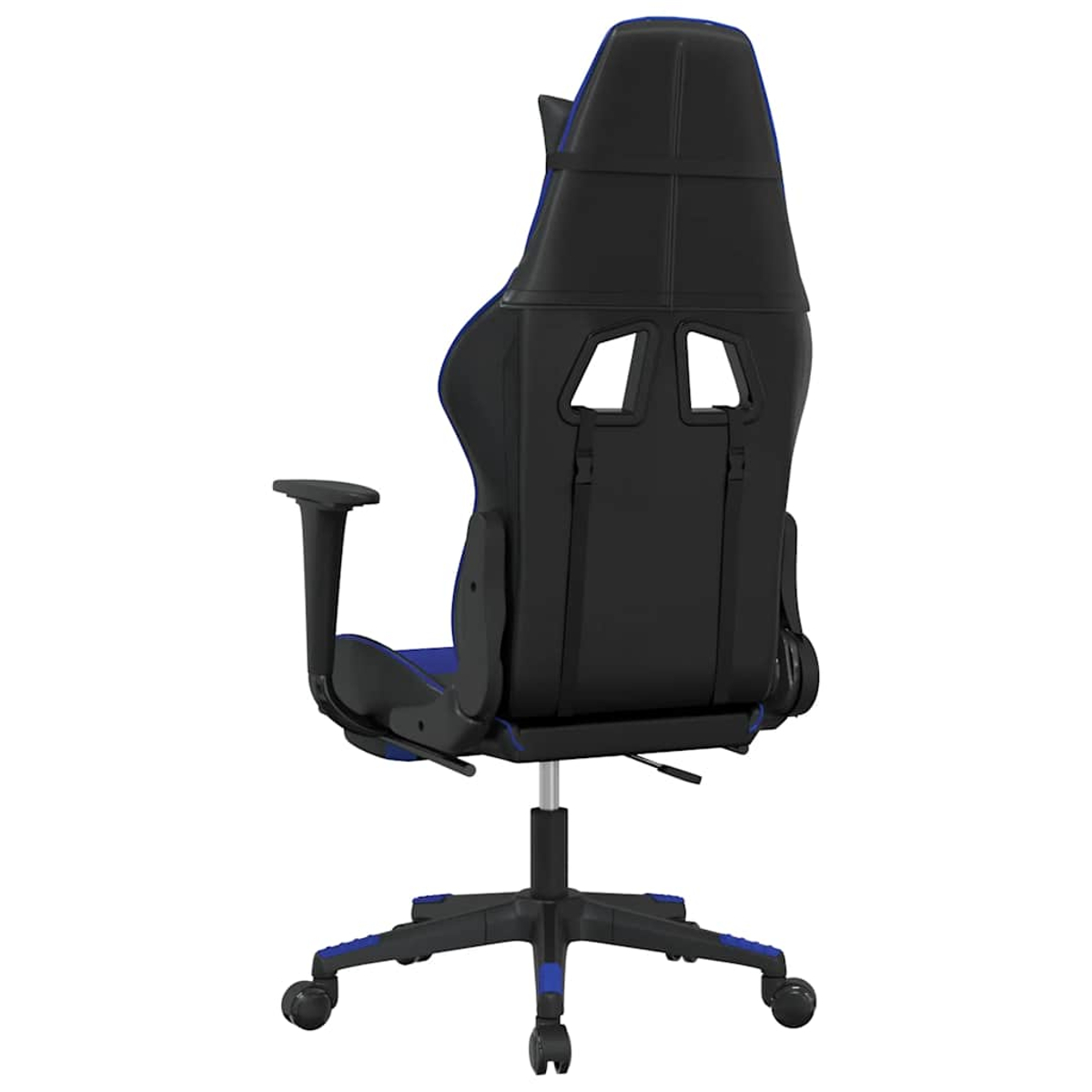 Schwarzer Gamingstuhl mit blauen Akzenten, Rückansicht.