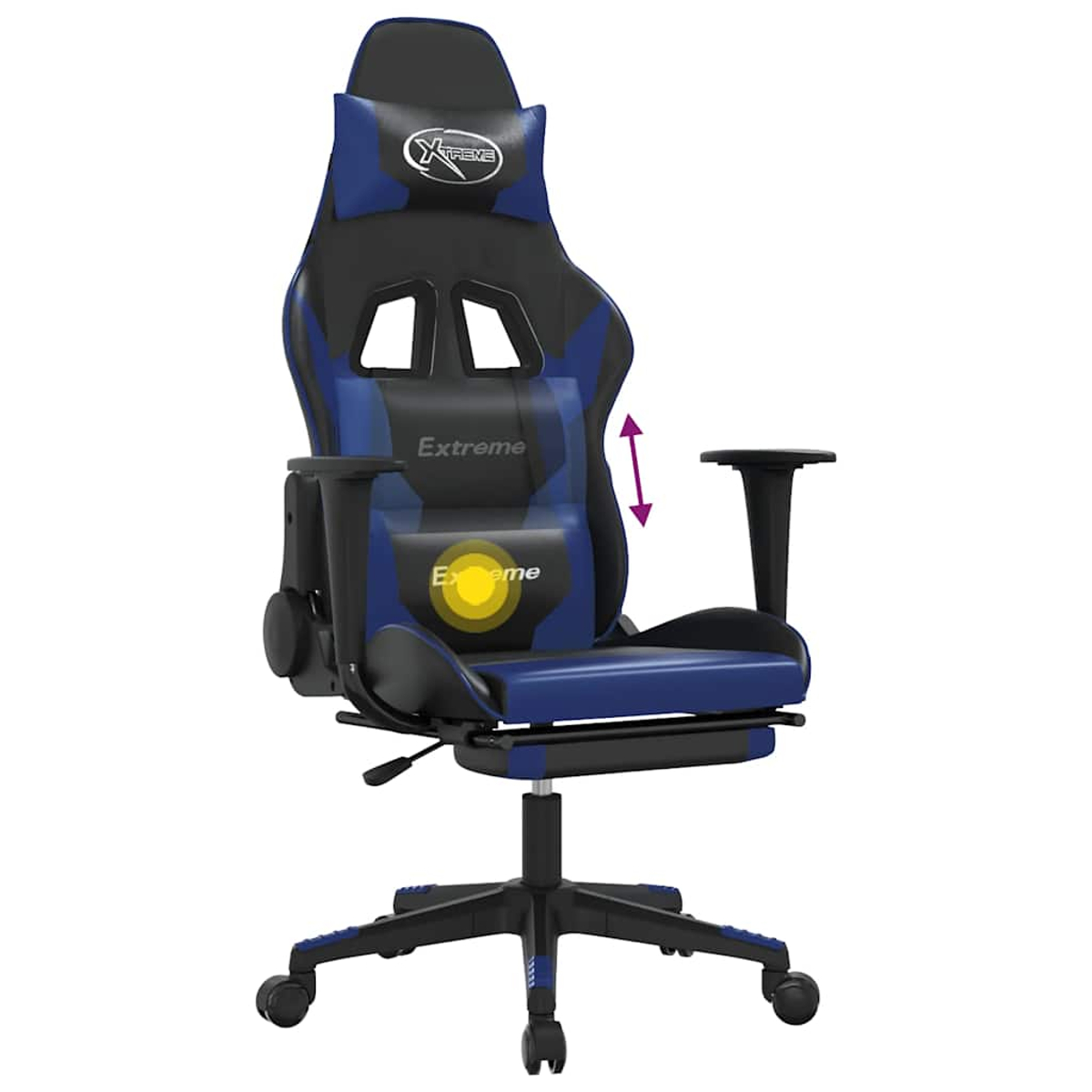 Ein blauer und schwarzer Gaming-Stuhl mit verstellbarer Rückenlehne und Fußstütze.