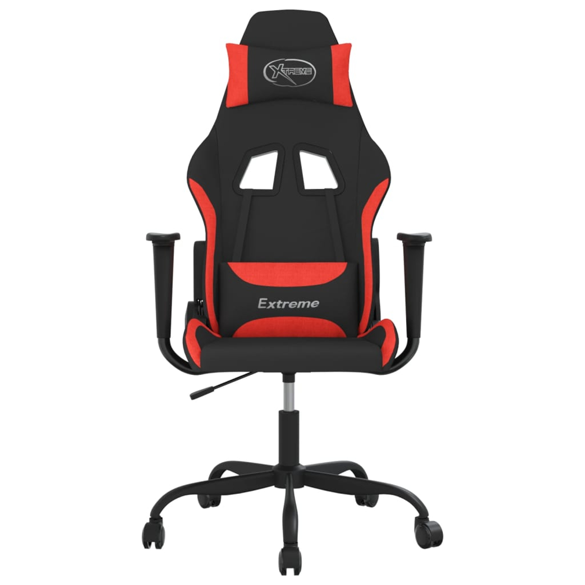 Ein schwarzer und roter Gaming-Stuhl mit Kopfstütze und Lendenkissen.
