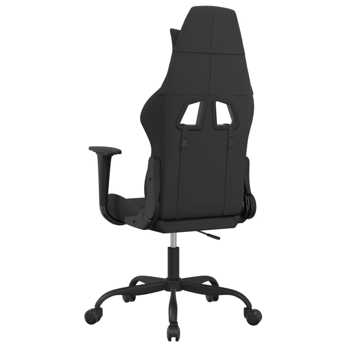 Schwarzer Gamingstuhl von hinten mit Armlehnen und Rollen.