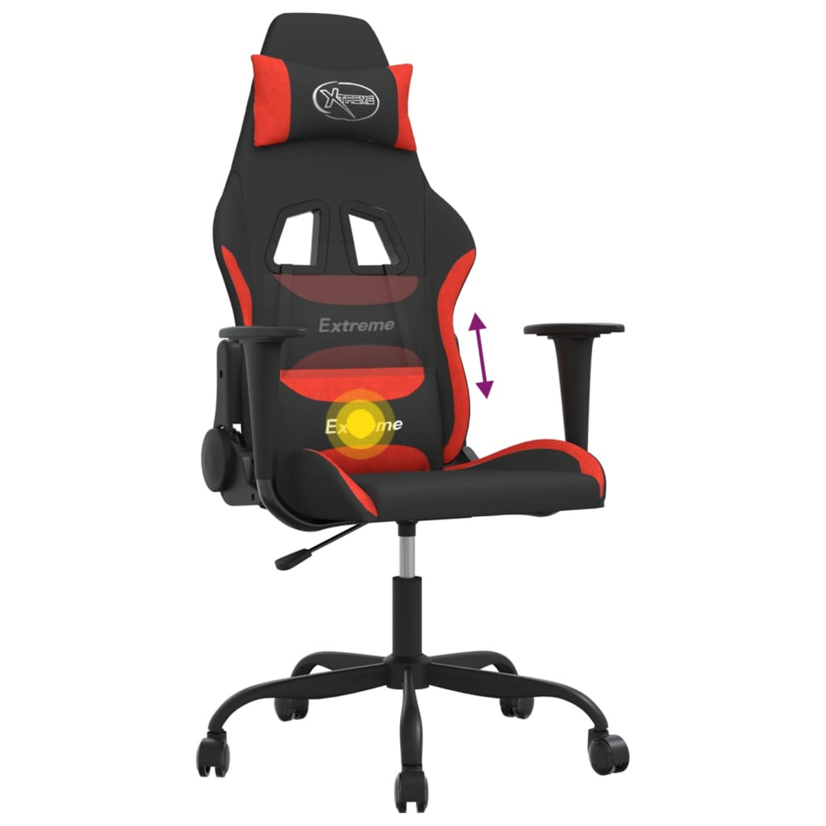Ein schwarzer und roter Gaming-Stuhl mit verstellbaren Armlehnen und Lendenkissen.