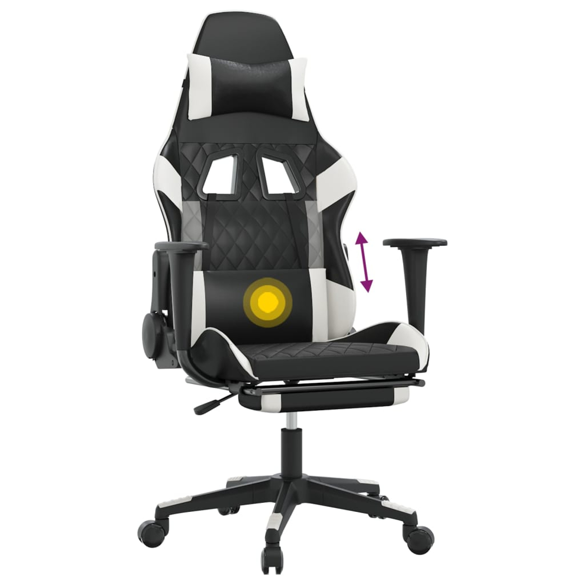 Ein schwarzer und weißer Gaming-Stuhl mit verstellbarer Lendenwirbelstütze und Armlehnen.