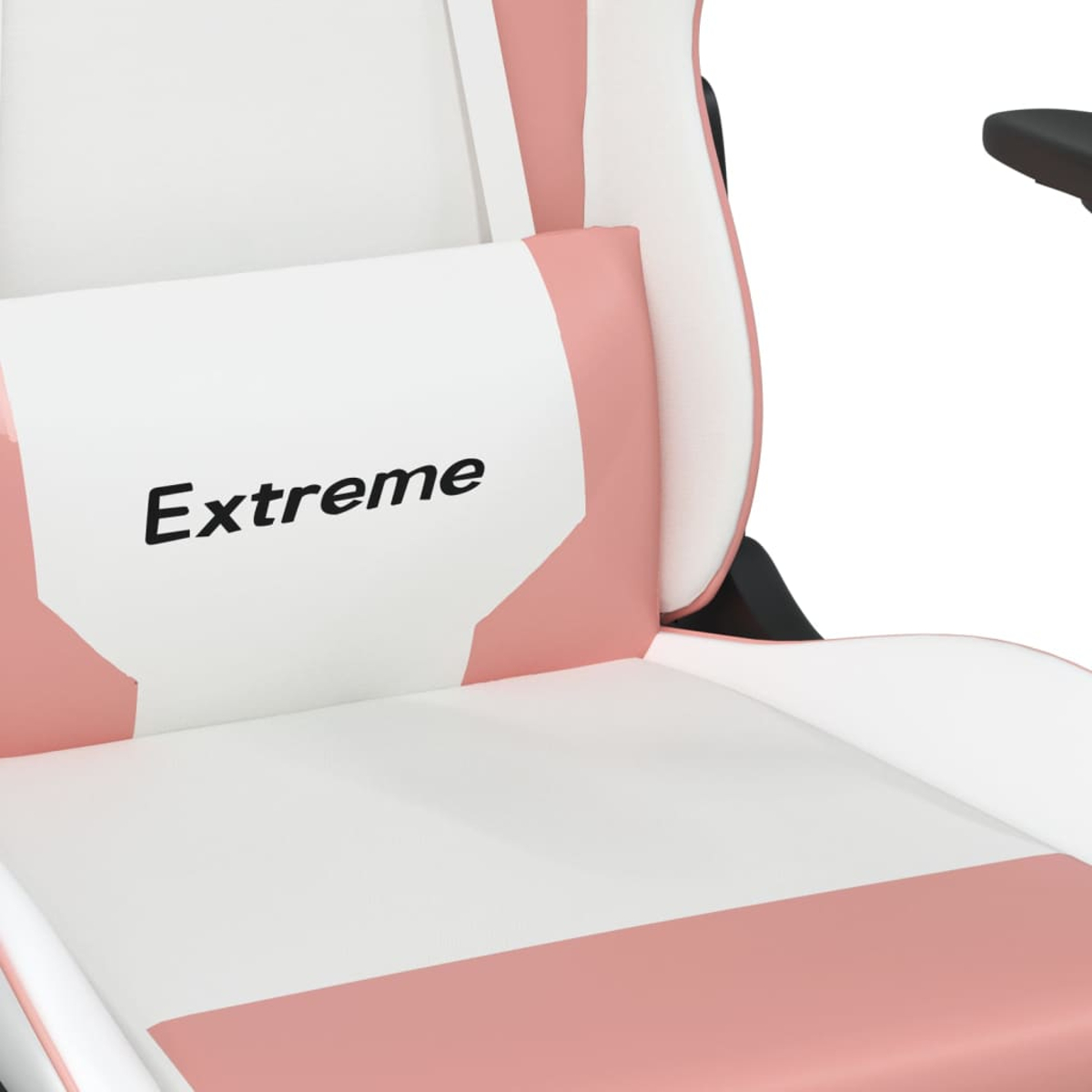 Ein weißer und rosafarbener Gaming-Stuhl mit dem Wort "Extreme" auf dem Kissen.
