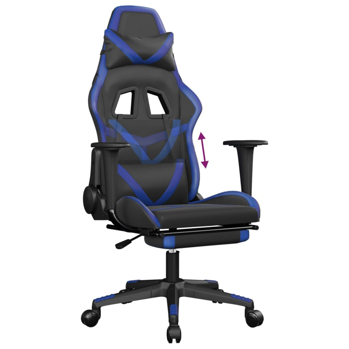 Schwarzer Gaming-Stuhl mit blauen Akzenten, verstellbare Rückenlehne und Fußstütze.