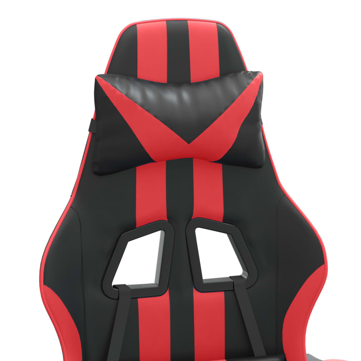 Ein schwarzer und roter Gaming-Stuhl mit Nackenkissen und Gurtdurchführungen.