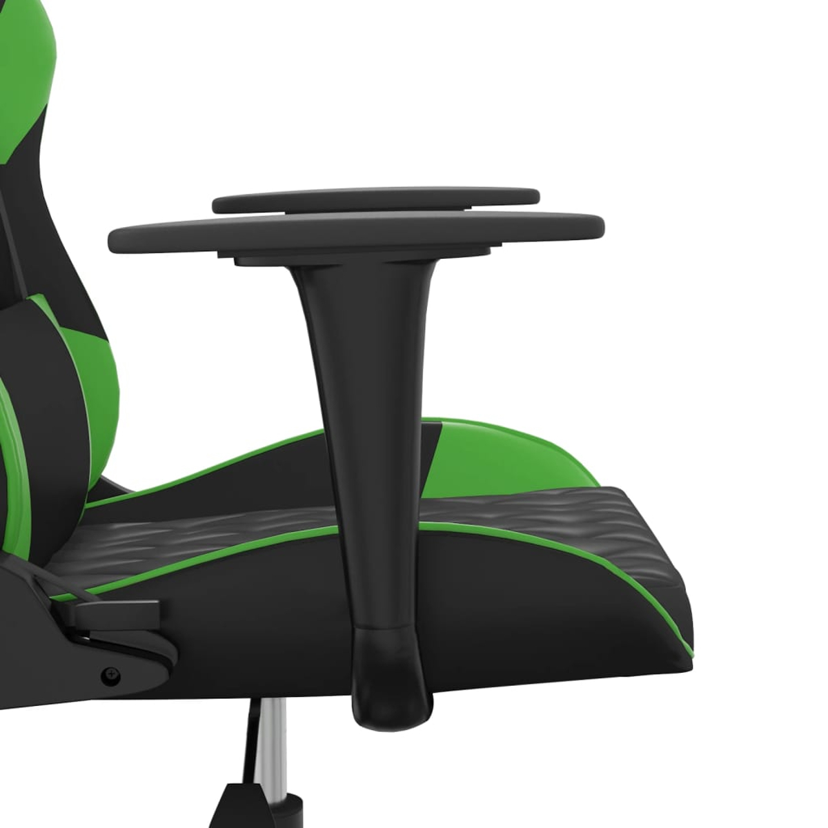 Schwarzer Gamingstuhl mit grünen Akzenten, Seitenansicht des Sitzes und Armlehne.