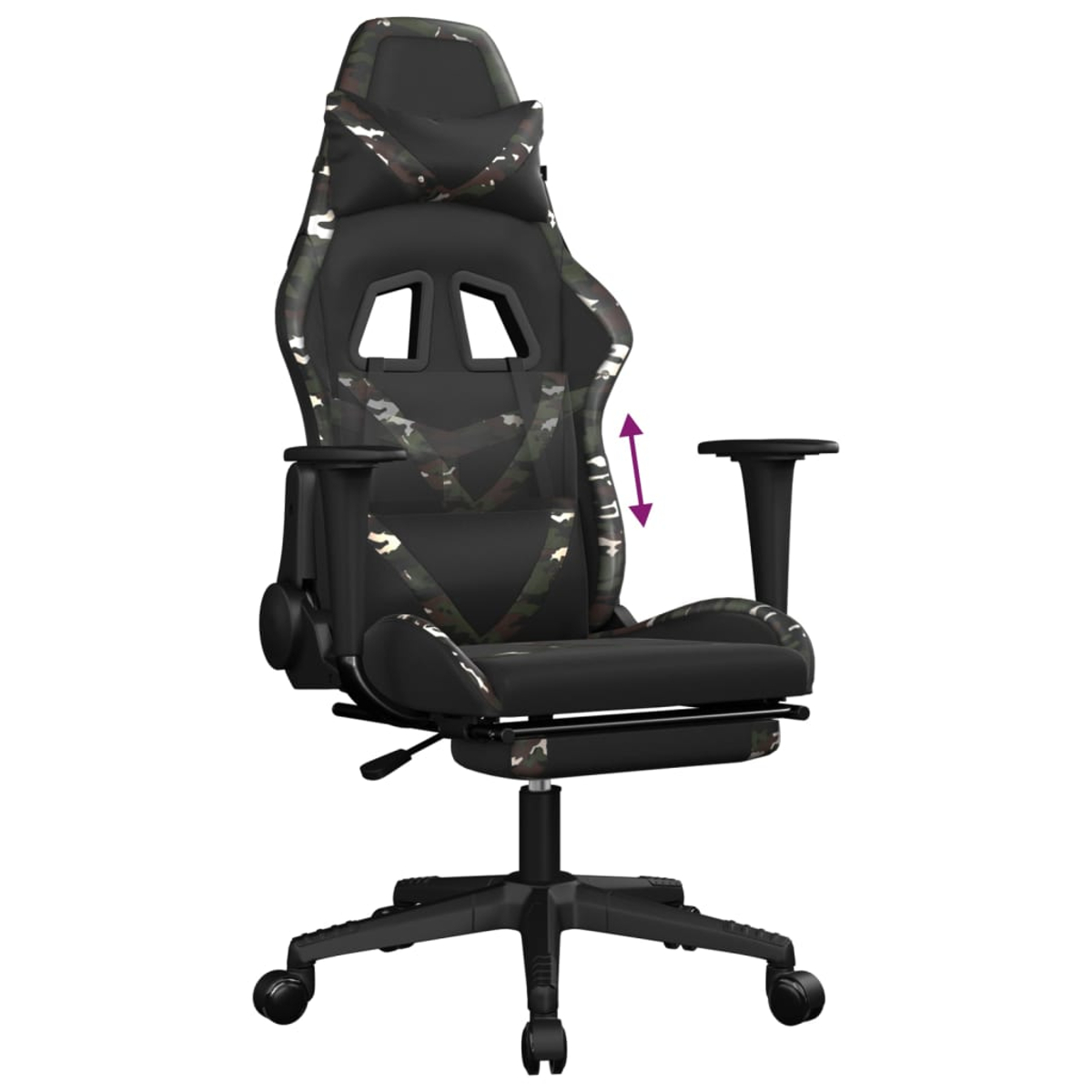 Ein schwarzer Gaming-Stuhl mit Tarnmuster, verstellbar, mit Fußstütze.