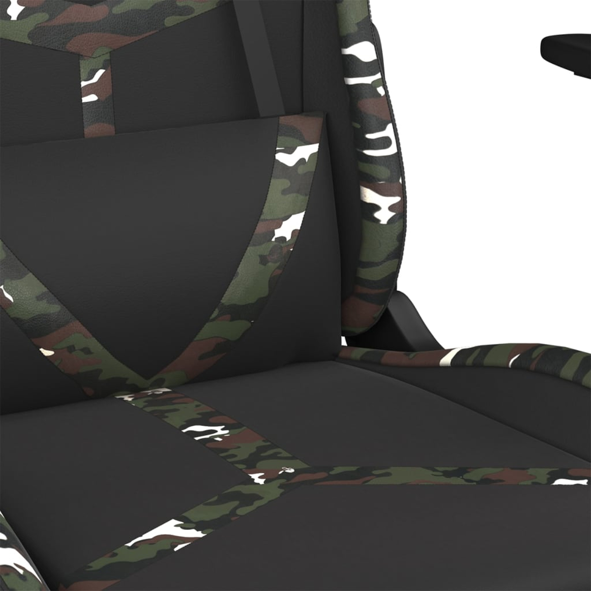 Schwarzer Stuhl mit Camouflage-Akzenten an Sitz und Rückenlehne.
