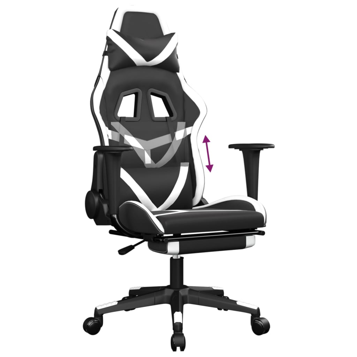 Ein schwarzer und weißer Gaming-Stuhl mit verstellbarer Rückenlehne und Fußstütze.