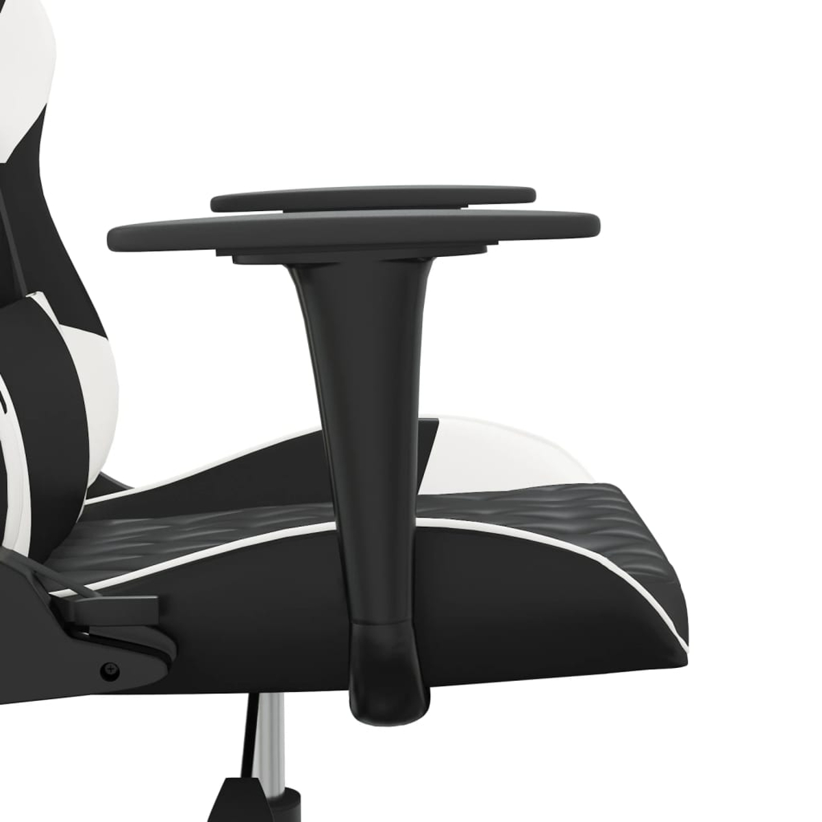 Nahaufnahme einer schwarzen und weißen Gaming-Stuhllehne mit Armlehne.