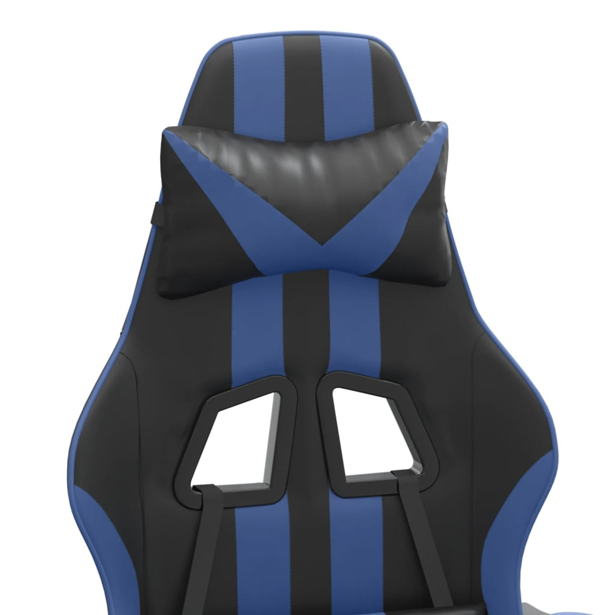 Ein schwarzer und blauer Gaming-Stuhl mit Kopfkissen und zwei Aussparungen.