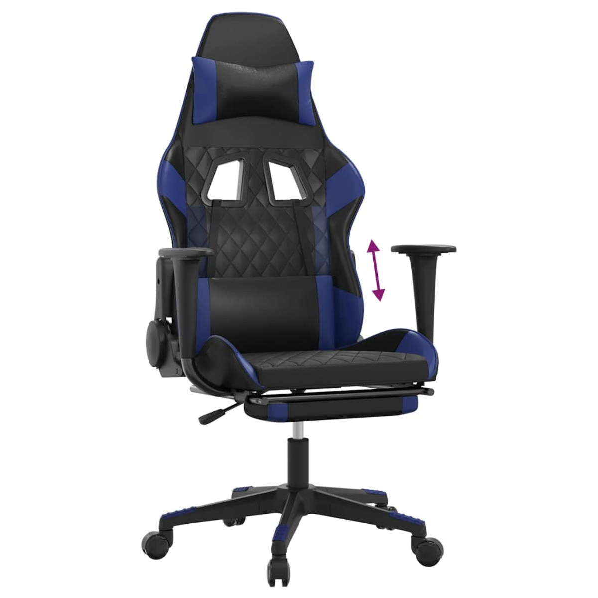 Schwarzer und blauer Gaming-Stuhl mit verstellbaren Armlehnen und Kopfstütze.