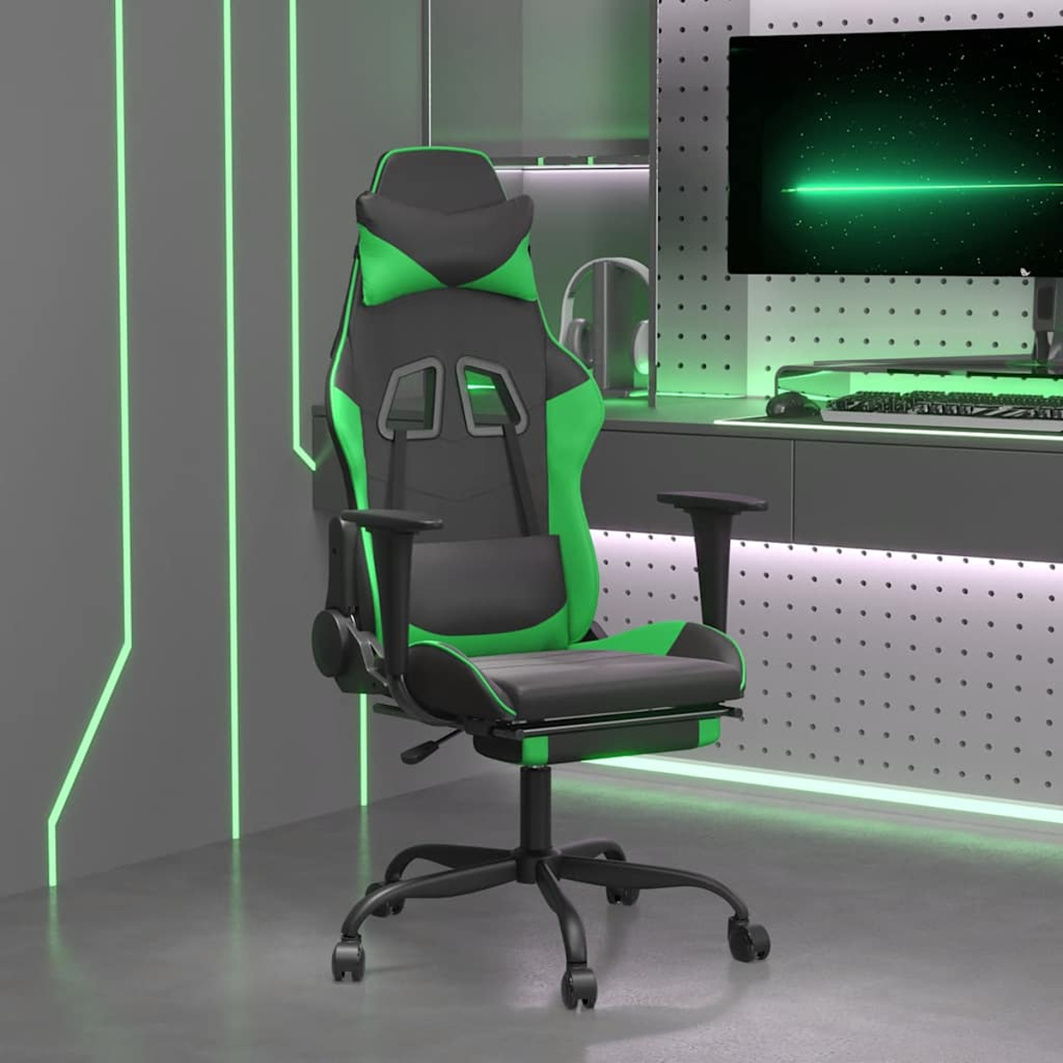 Ein schwarzer und grüner Gaming-Stuhl mit Fußstütze steht in einem Raum mit Neonlicht.