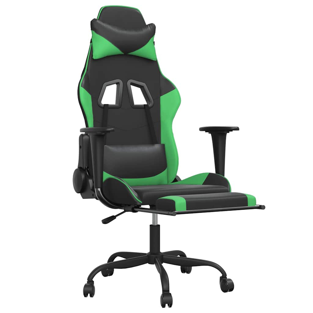 Ein schwarzer und grüner Gaming-Stuhl mit Fußstütze und Nackenkissen.