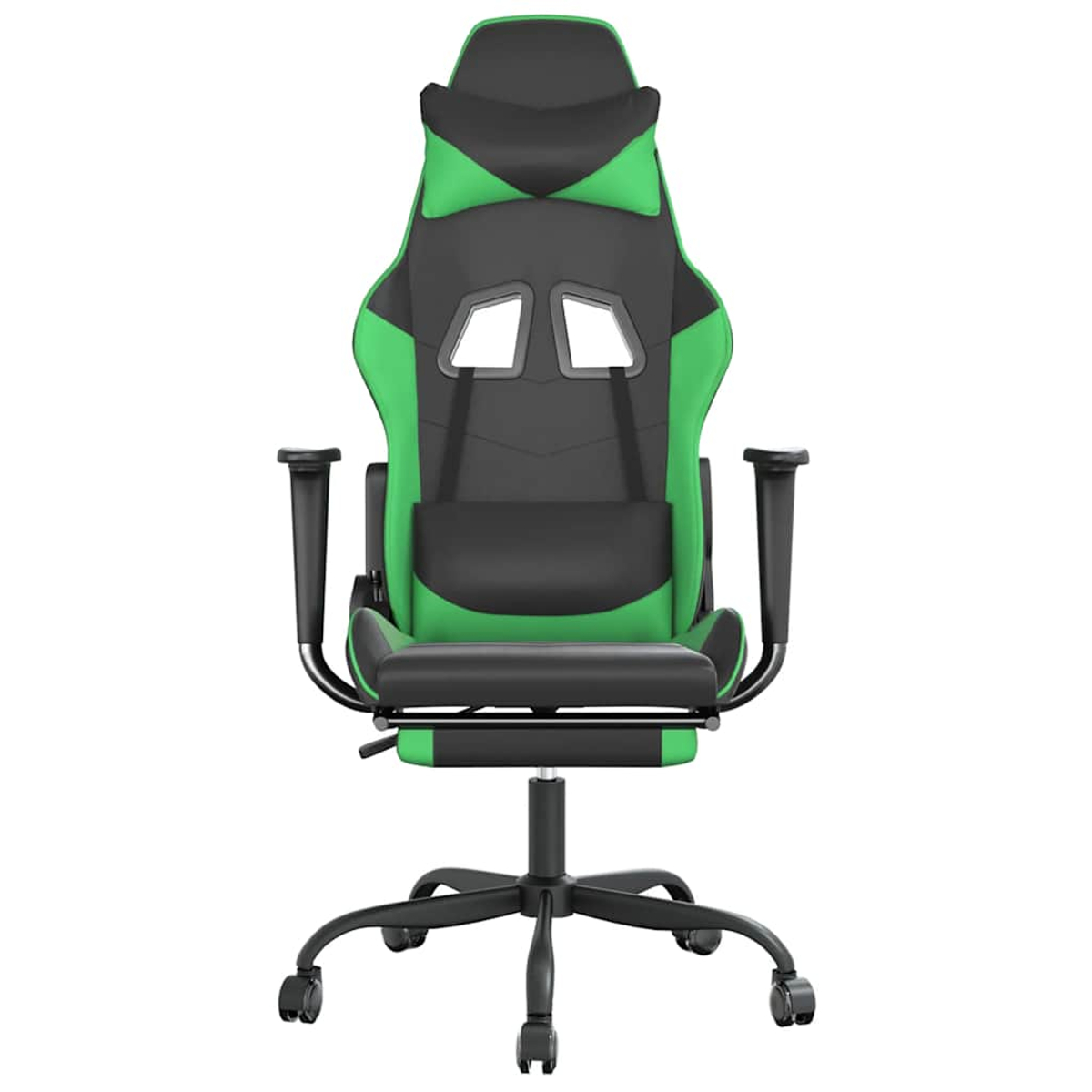 Ein grüner und schwarzer Gaming-Stuhl mit Rädern und verstellbaren Armlehnen.