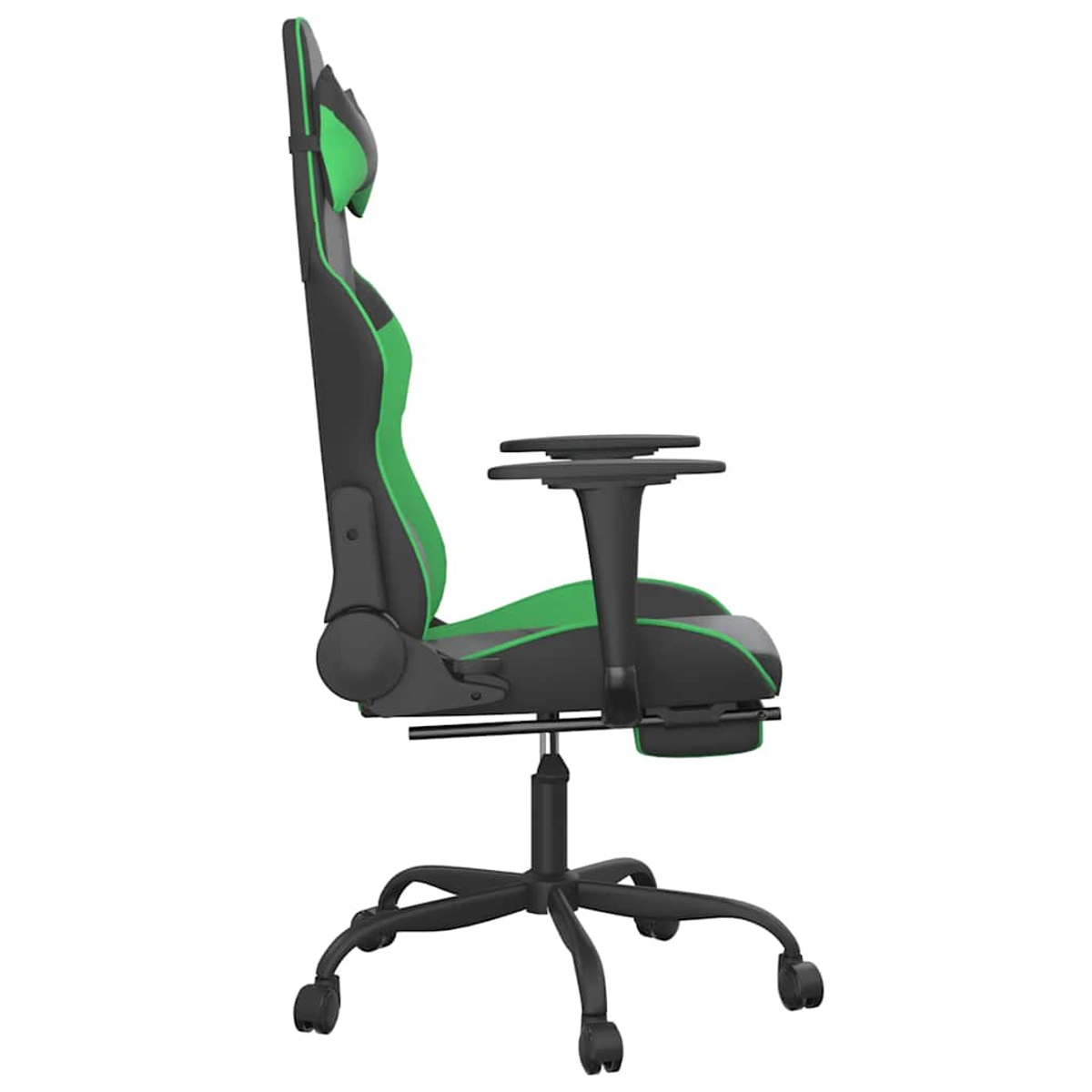 Schwarzer Gaming-Stuhl mit grünen Akzenten, von der Seite gesehen.