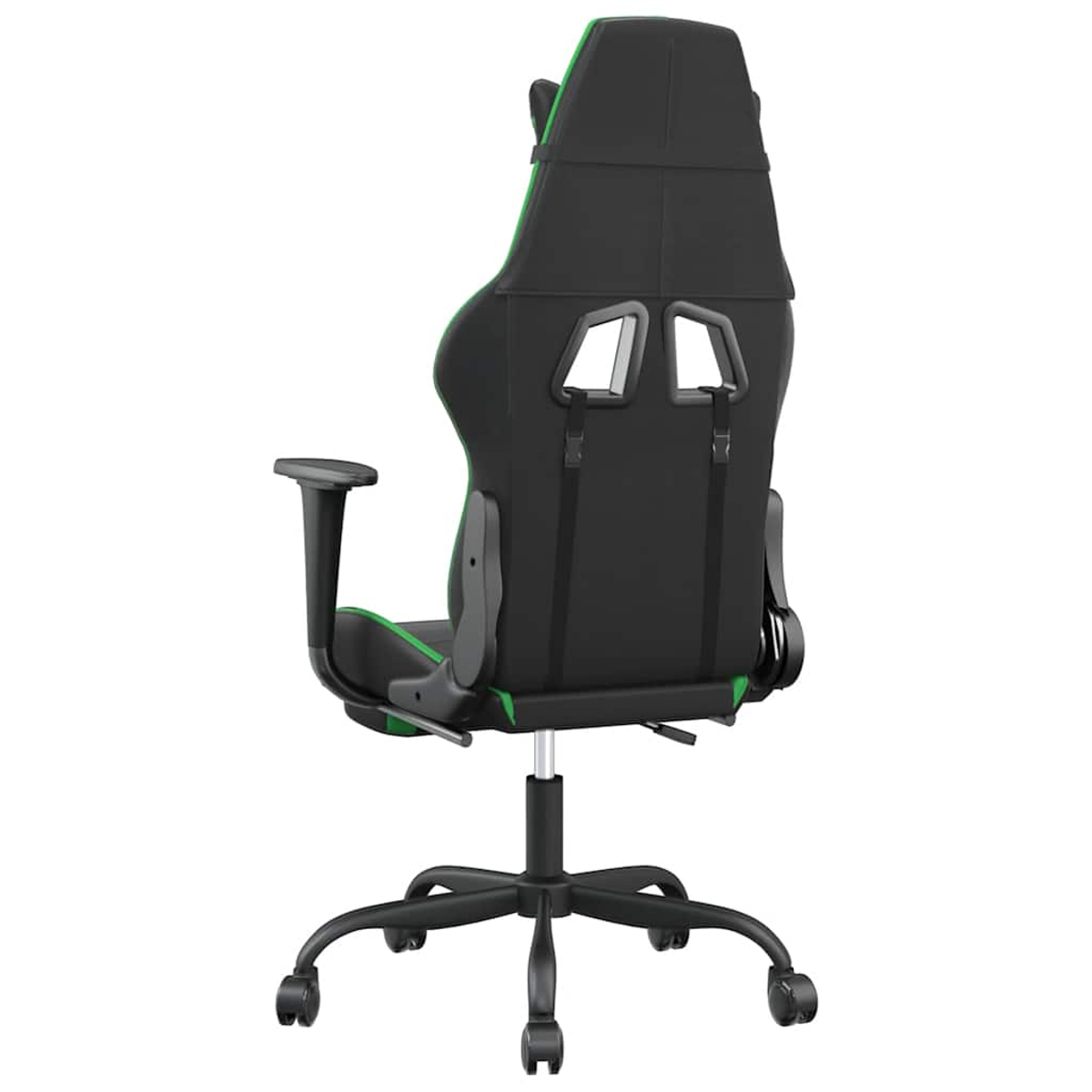 Schwarzer Gaming-Stuhl mit grünen Akzenten, von hinten gezeigt.