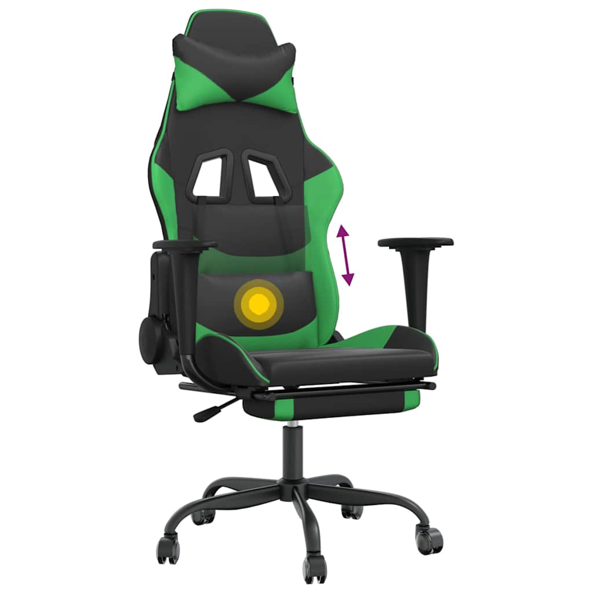 Grüner und schwarzer Gaming-Stuhl mit verstellbaren Armlehnen und Lendenkissen.