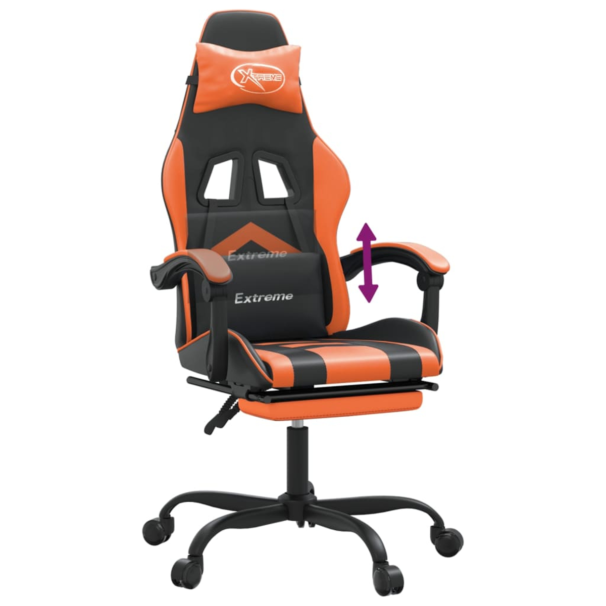 Ein orange-schwarzer Gaming-Stuhl mit Kissen und verstellbaren Armlehnen.