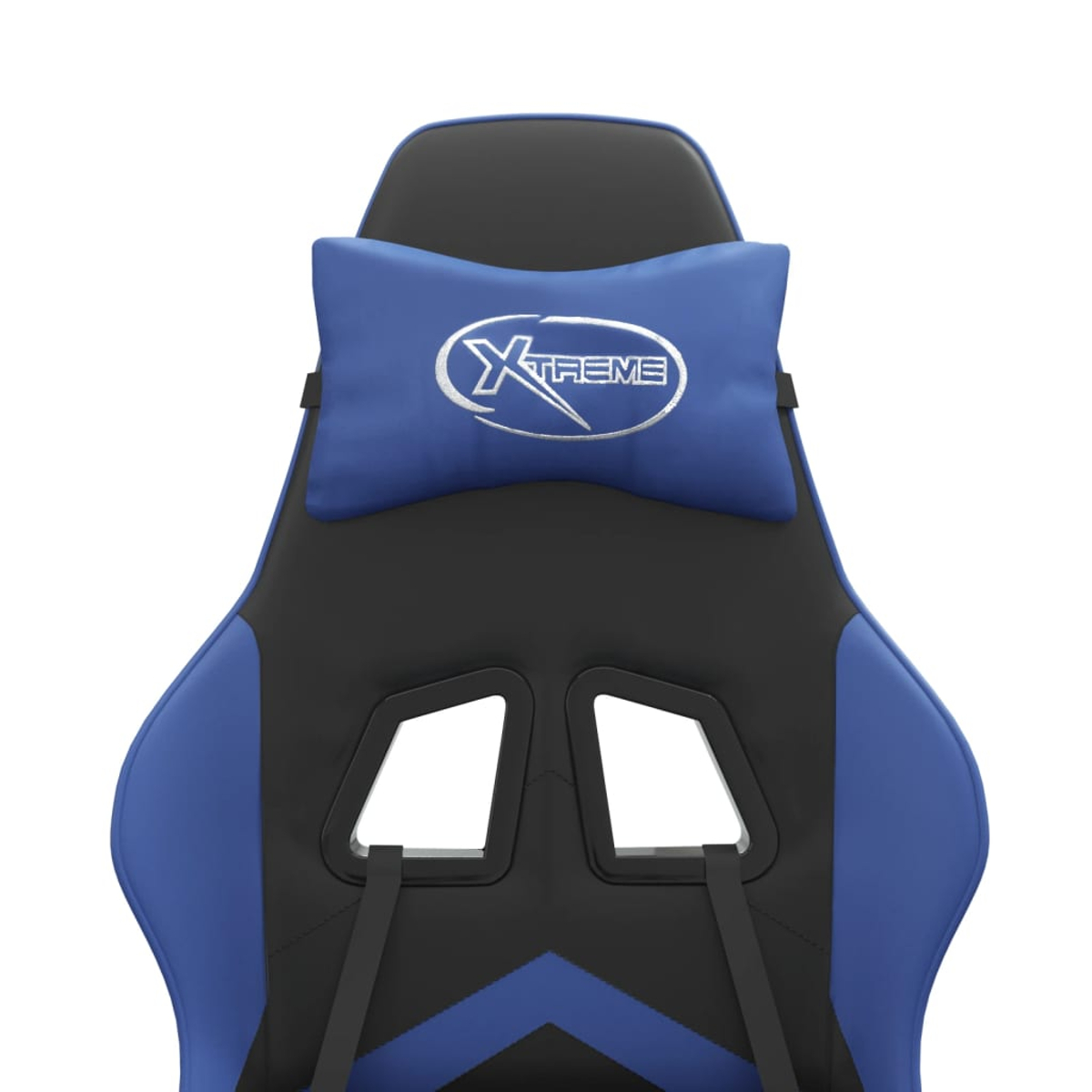 Ein blauer Gaming-Stuhl mit schwarzem Leder und einem Kopfkissen mit Logo.