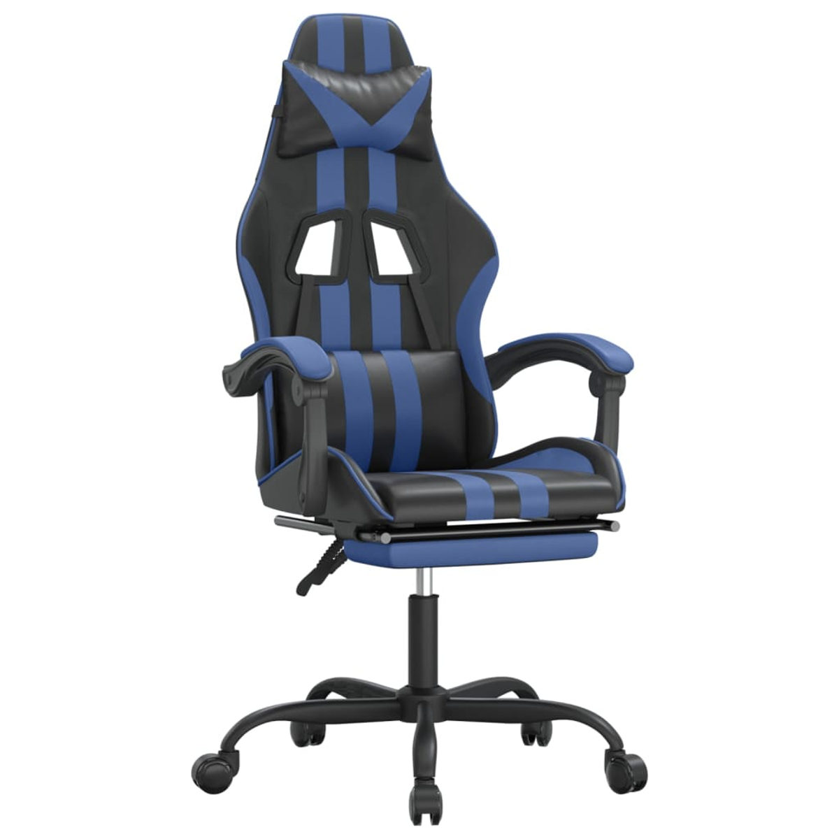 Ein blauer und schwarzer Gaming-Stuhl mit Kopfstütze und Armlehnen auf Rollen.