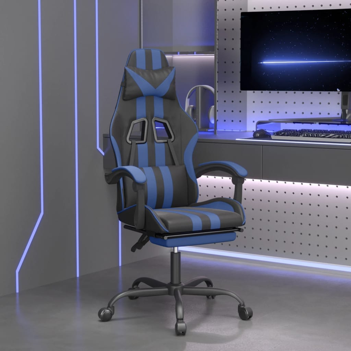 Ein blauer und schwarzer Gaming-Stuhl steht in einem Raum mit blauer Beleuchtung.