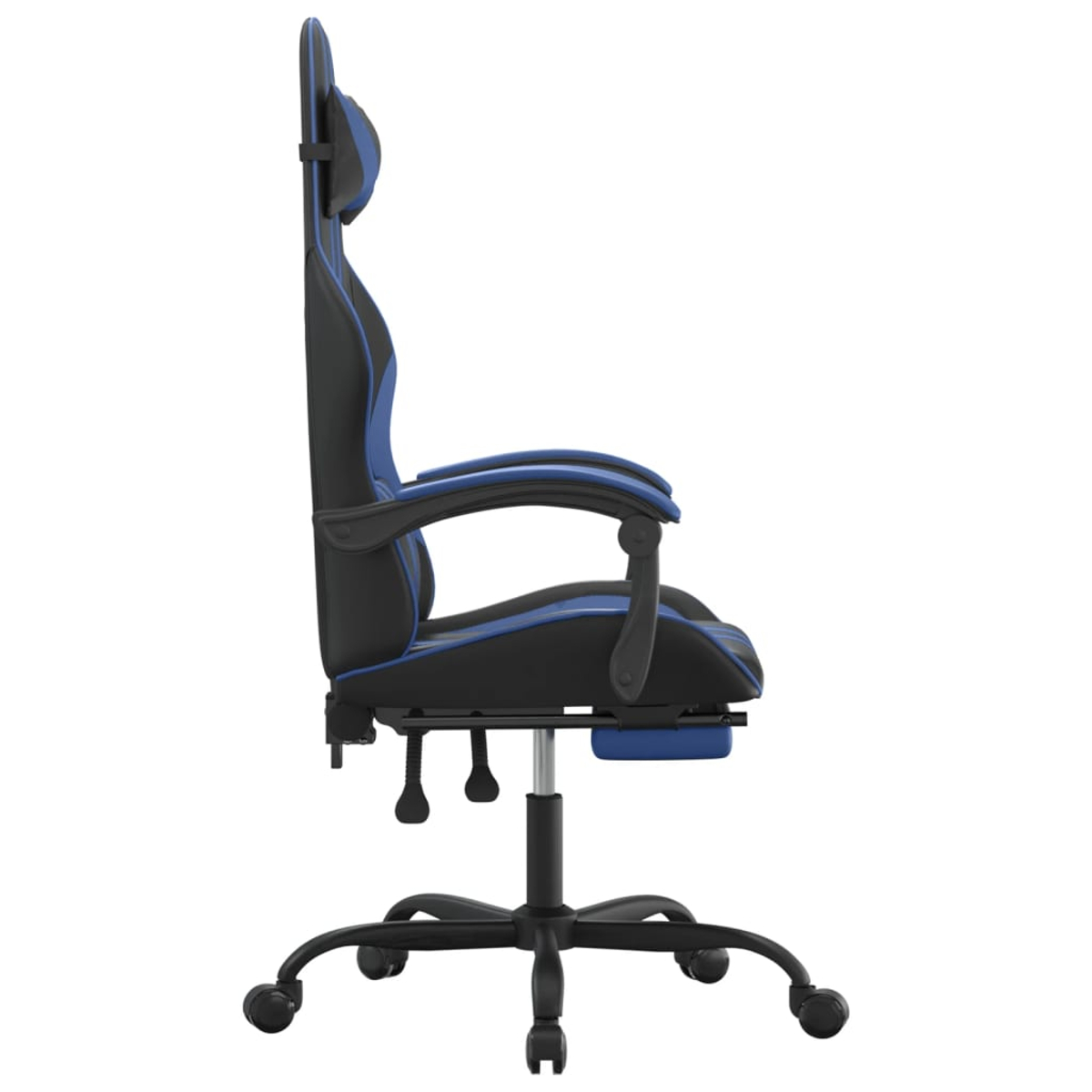 Schwarzer und blauer Gaming-Stuhl mit verstellbarer Kopfstütze und Fußstütze.