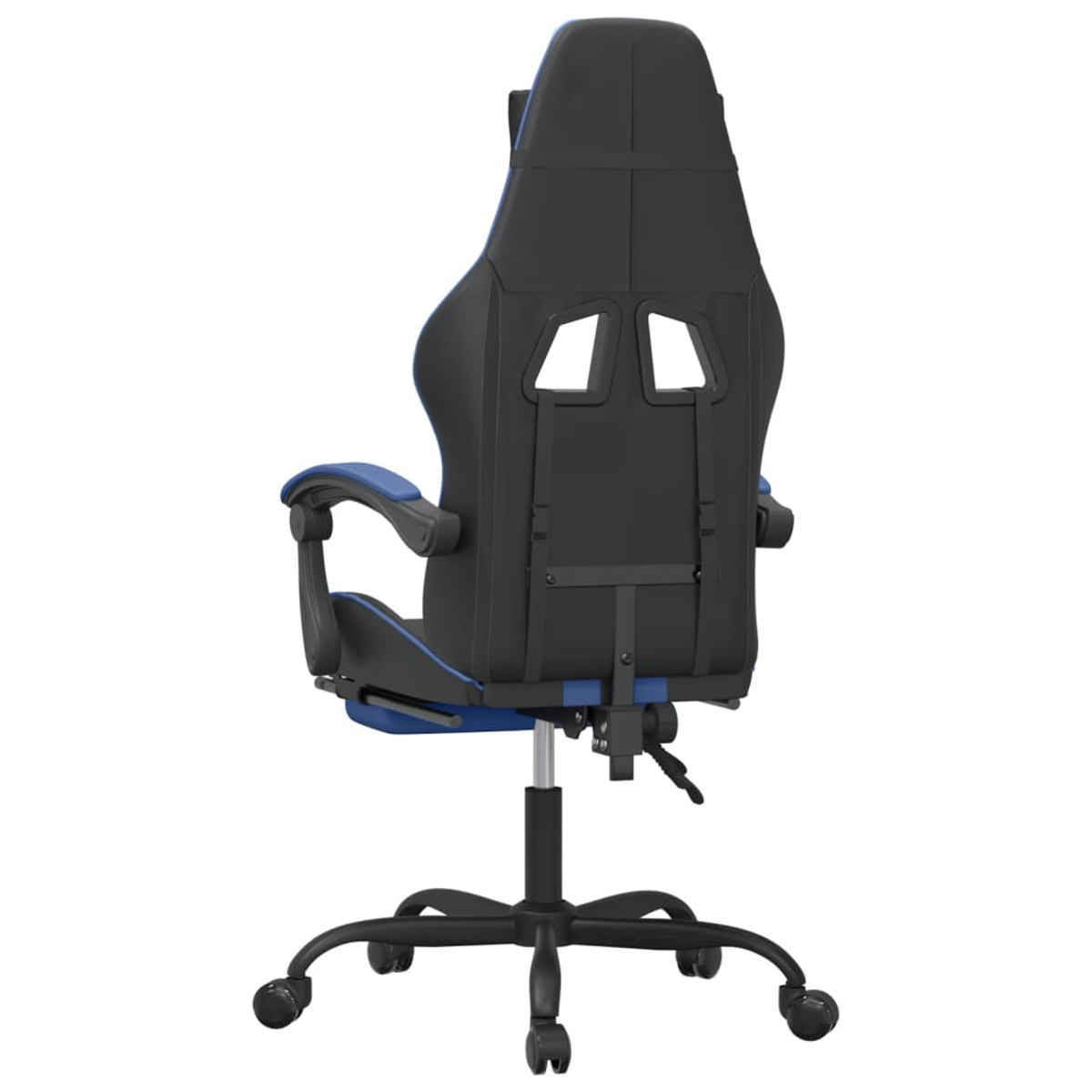 Rückansicht eines schwarzen und blauen Gaming-Stuhls mit silbernem Gaslift.