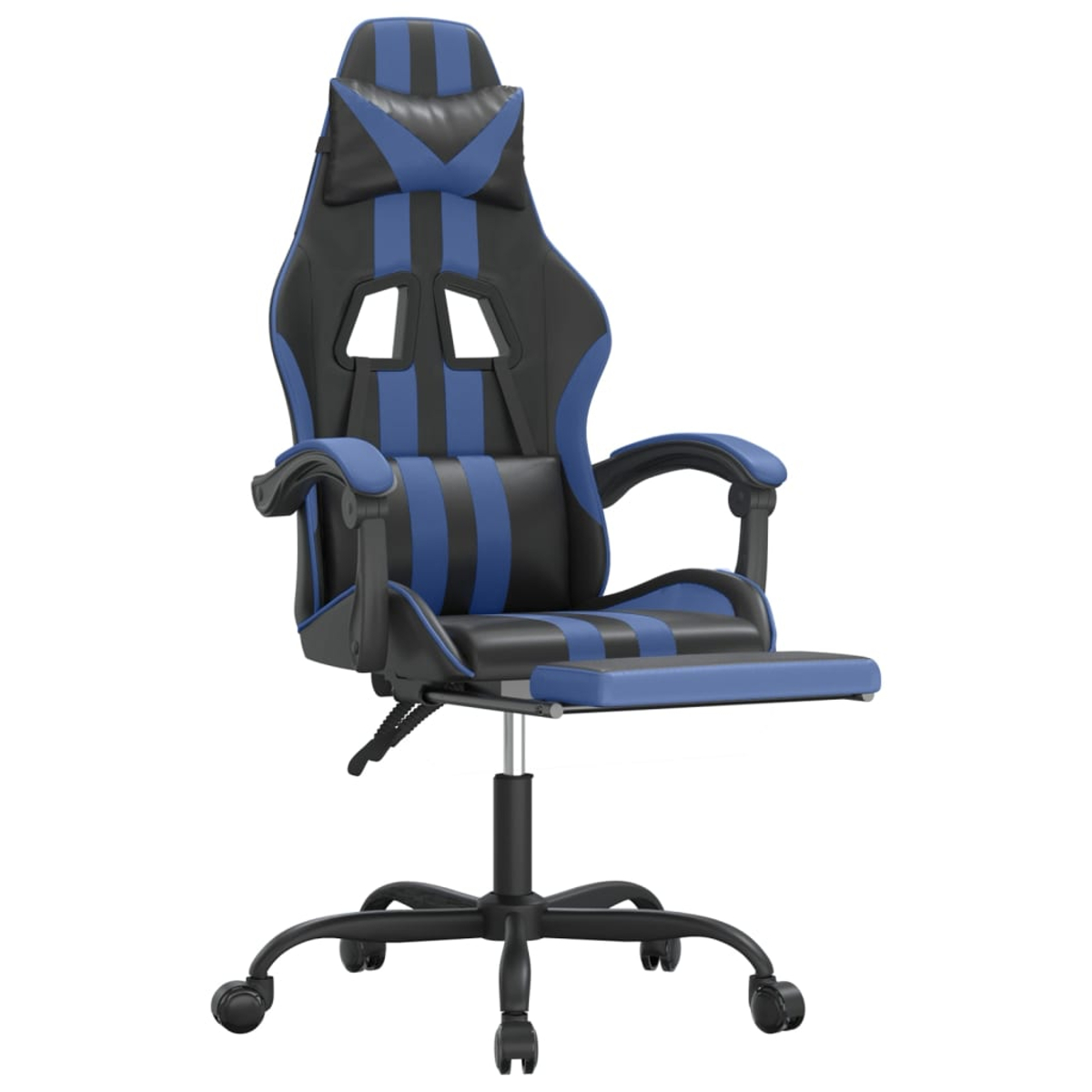 Ein schwarzer und blauer Gaming-Stuhl mit ausziehbarer Fußstütze und Rädern.